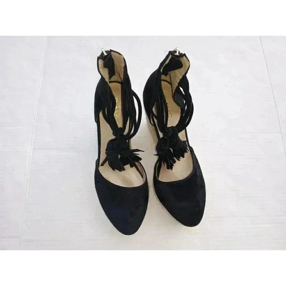 Raye Womens Dixie Espadrilles Heel Black Suede Tassel High Almond Toe Zipper 7